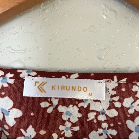 🦋 Kirundo Brown Blue Floral Short Sleeve Mini Dress Medium - Picture 3 of 7